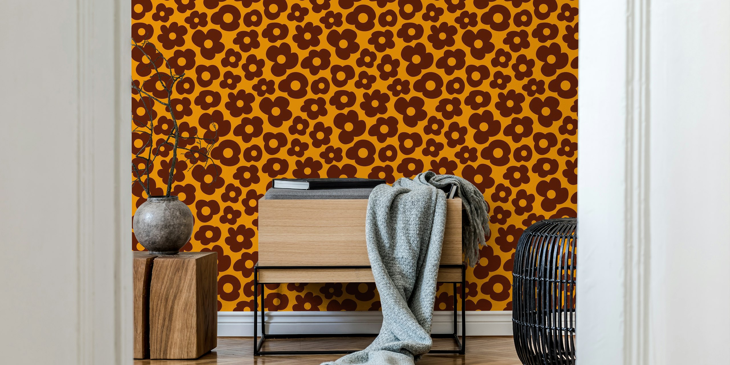 Yellow and brown floral pattern wallpaper