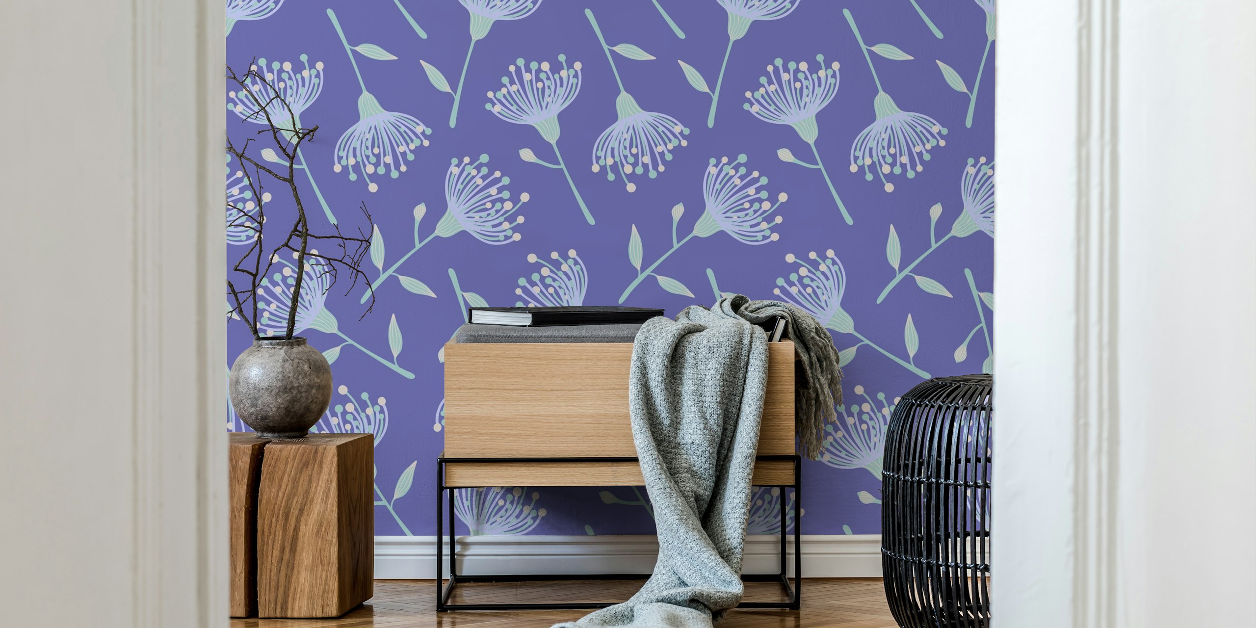 Eucalyptus tossed floral lavender wallpaper in a room