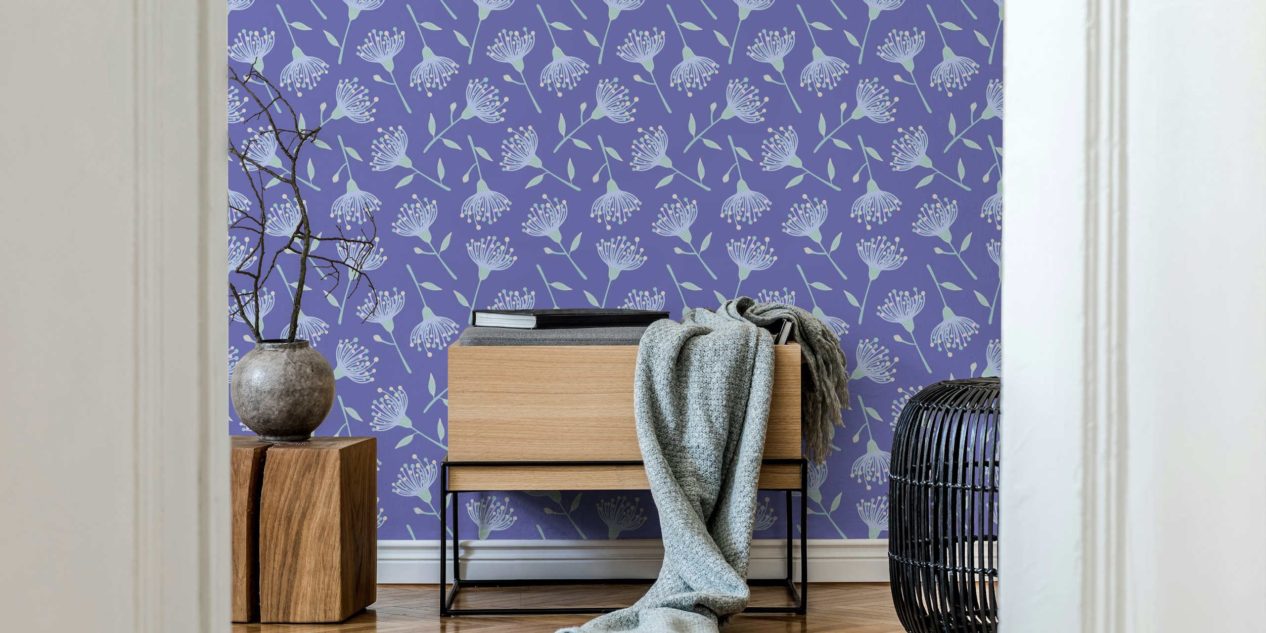 Lavender floral pattern wallpaper with eucalyptus leaves