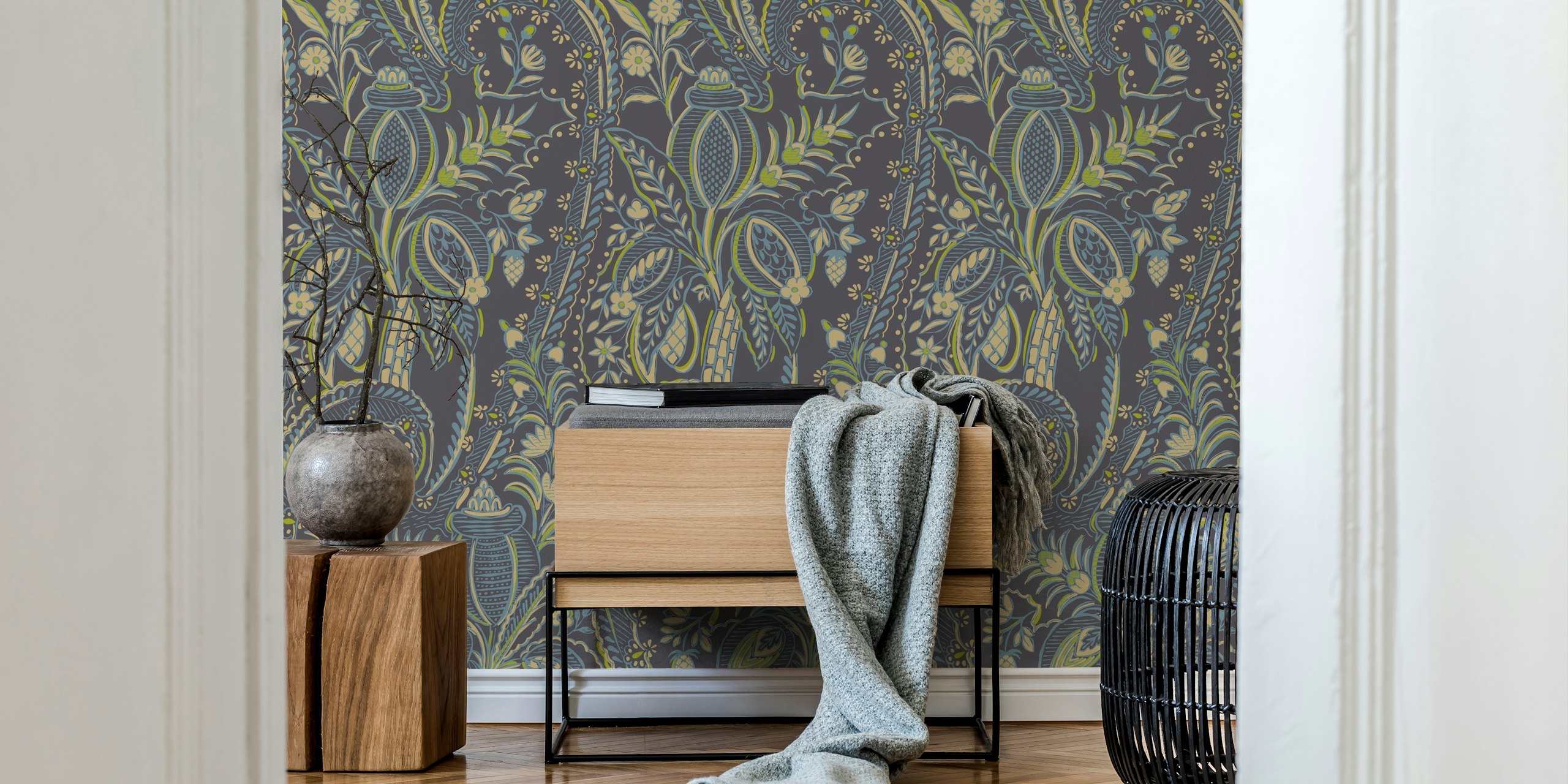 Bohemian Botanical harmony grey and blue tapet