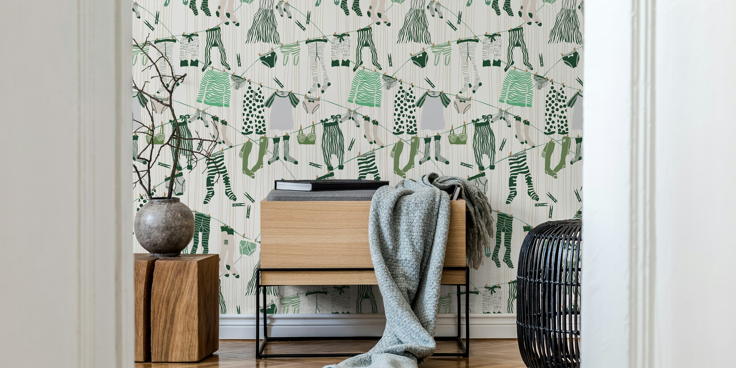 Clothesline pattern wallpaper in green tones