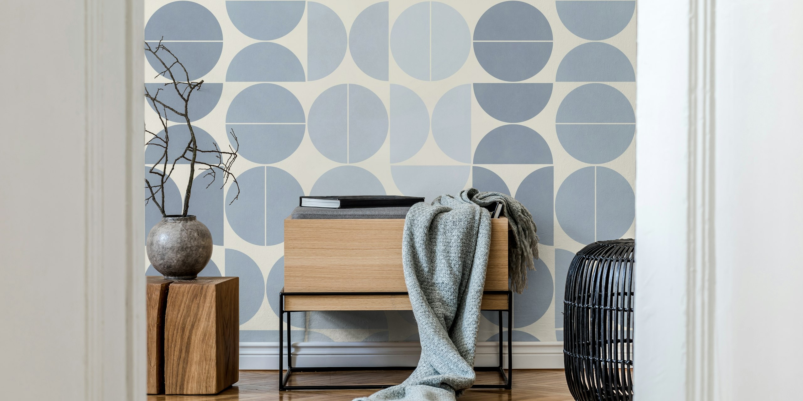 Bauhaus inspired wallpaper in light blue tones