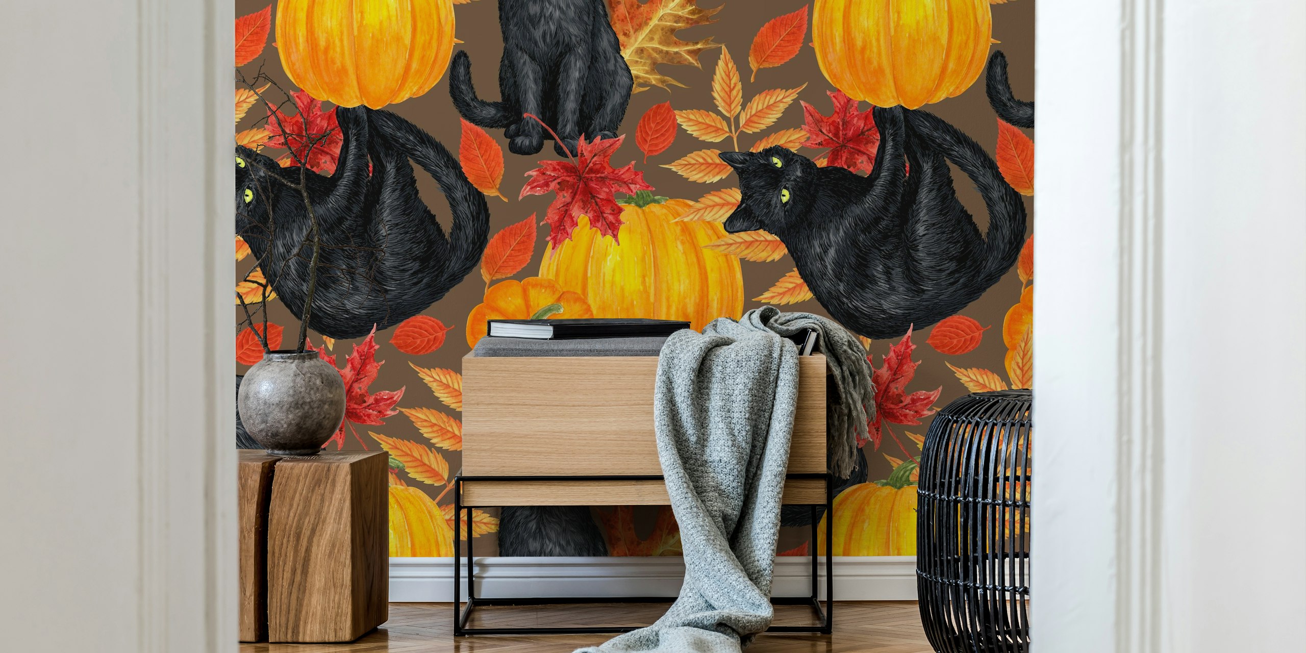 Tapete mit schwarzen Katzen und pumpkins