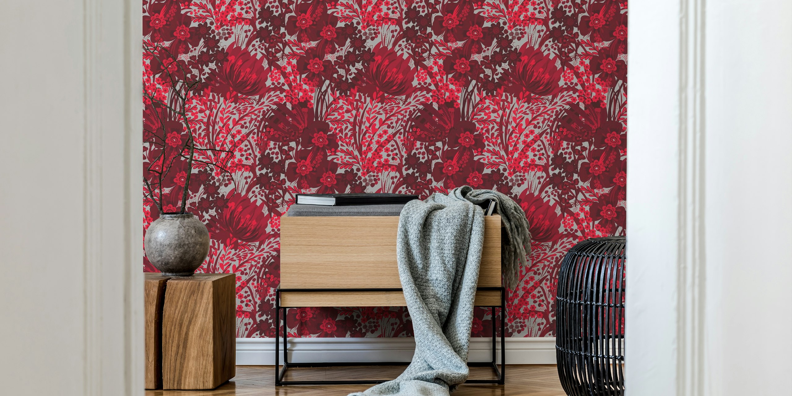vibrant red floral pattern wallpaper with intricate flowers and foliage