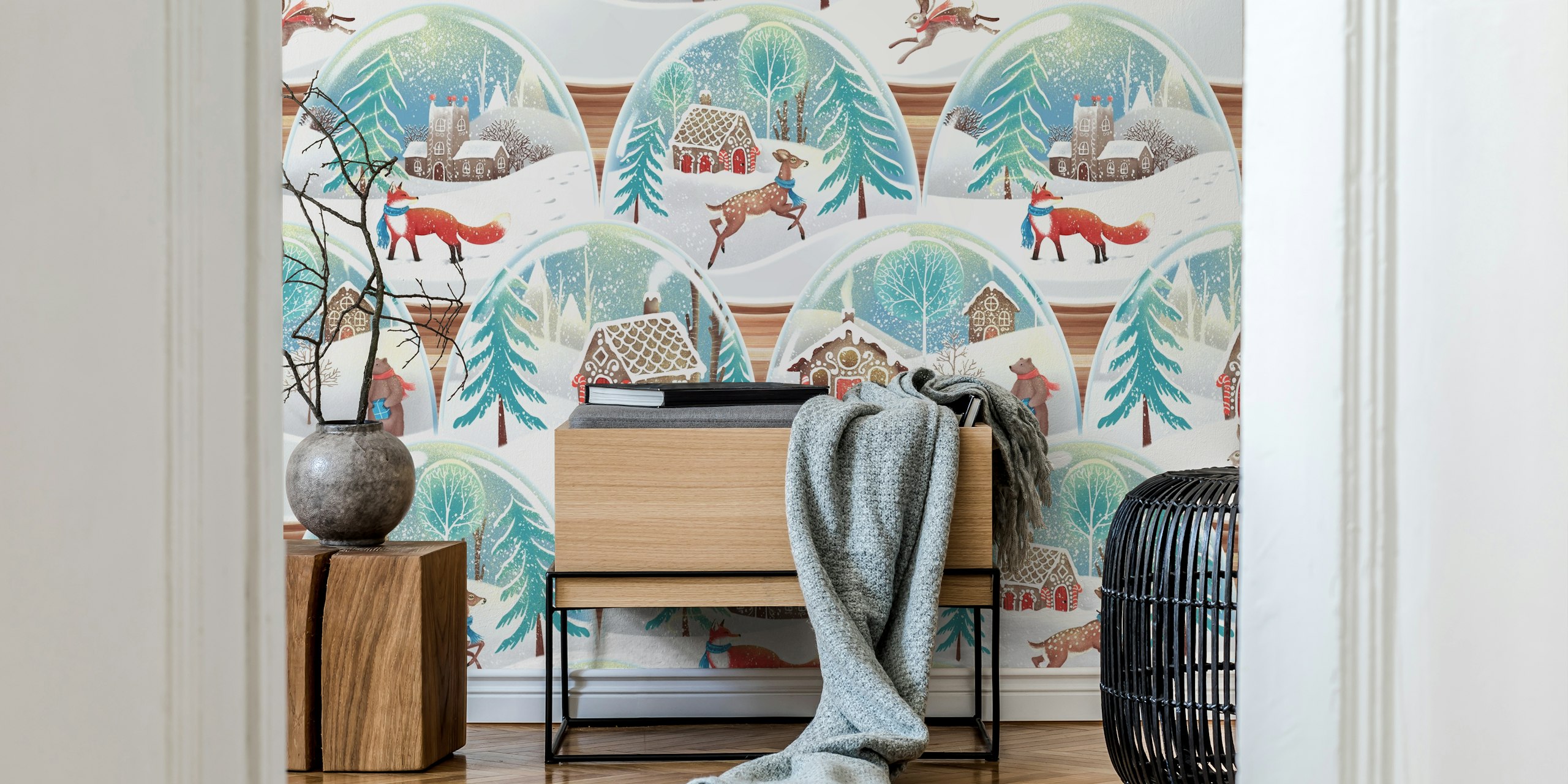 Whimsical Wintry Snow Globes behang weergegeven in een kamer