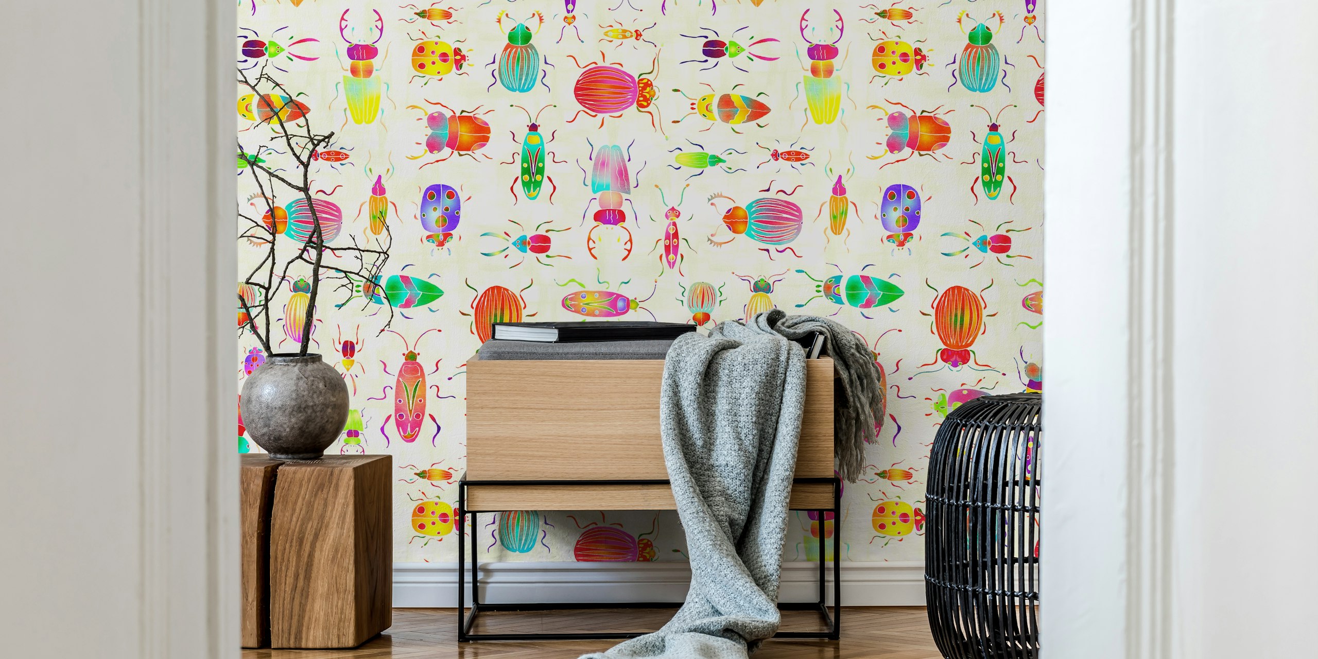 Colorful beetles in various shapes, bright colors, playful design wallpaper