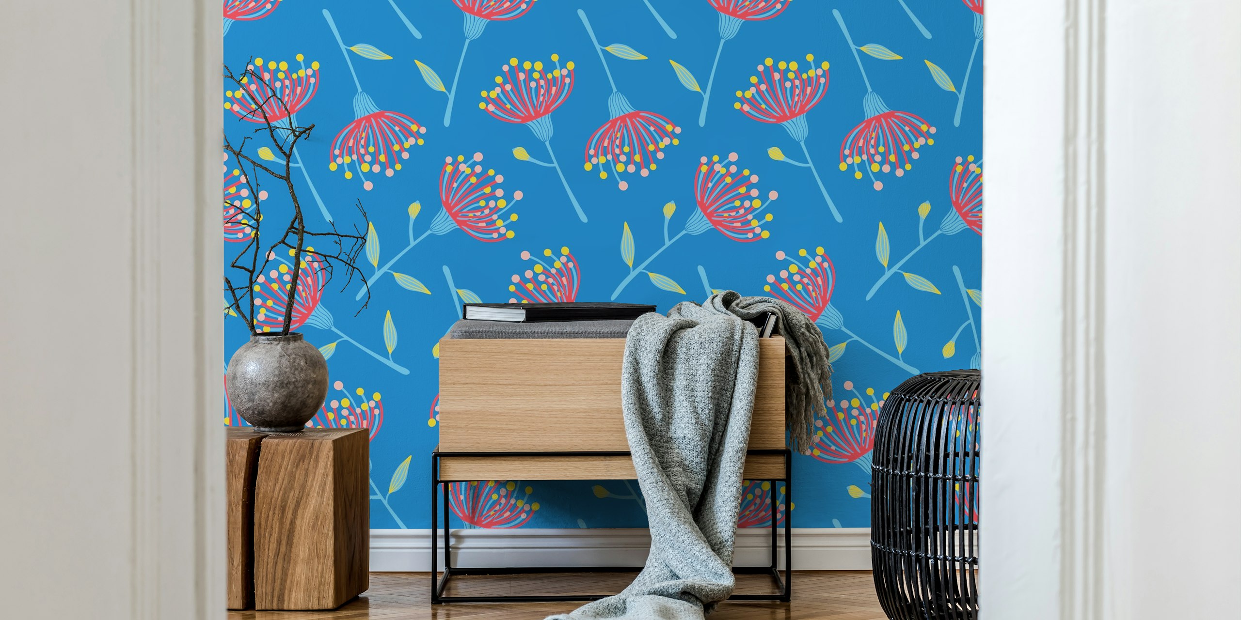 Eucalyptus tossed floral wallpaper in a room