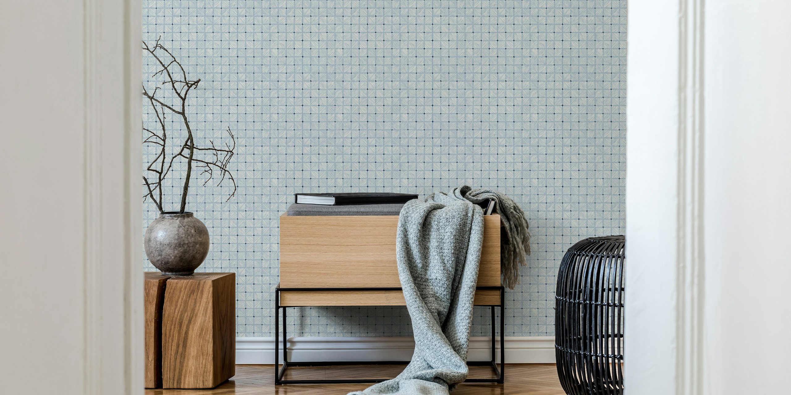 Geometric tile pattern in shades of celestial blue wallpaper