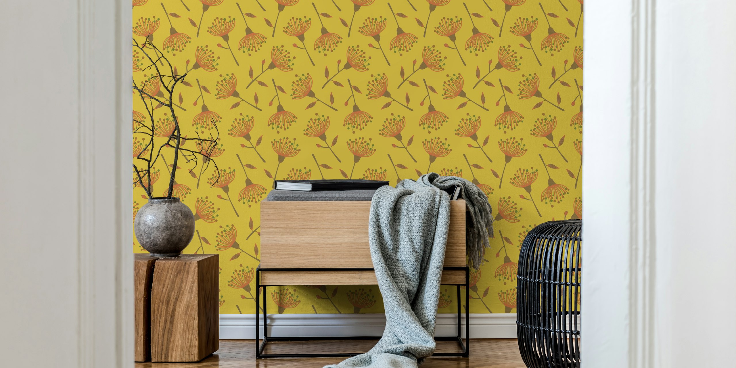 Floral design with yellow background, orange blooms and green accents wallpaper