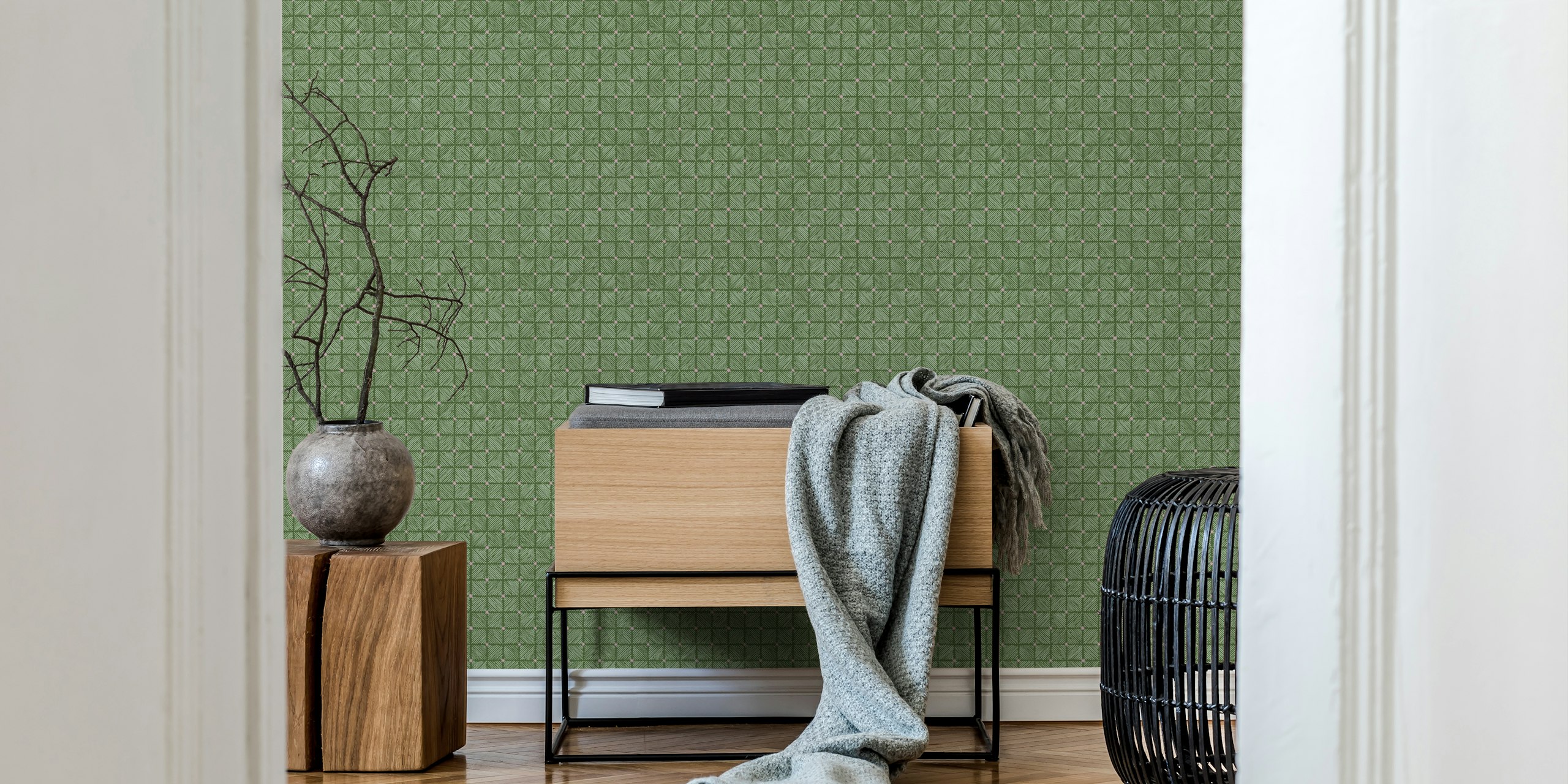 Geometric block print pattern in green with pink accents wallpaper