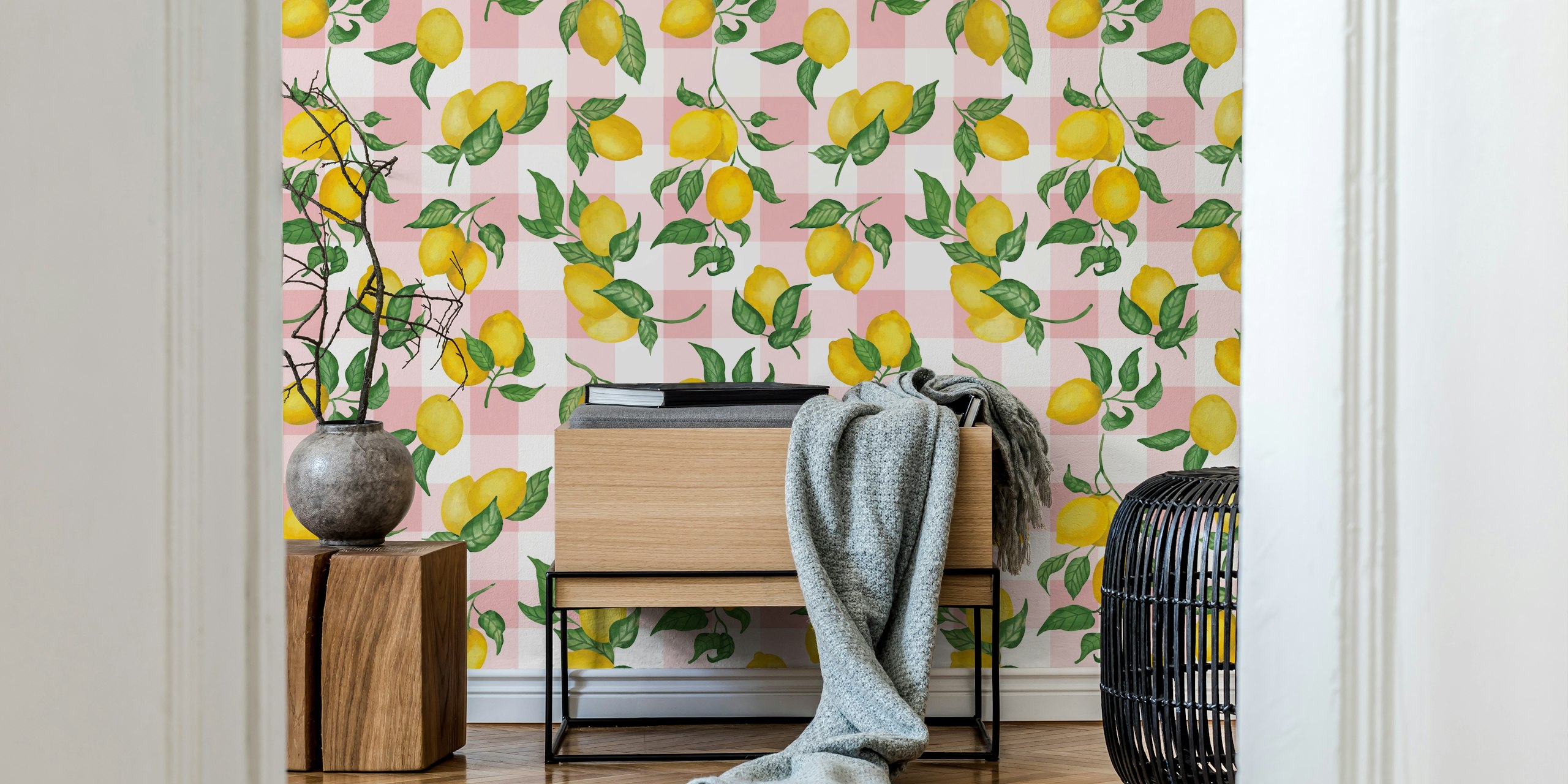 Lemon gouache wallpaper with pastel pink gingham
