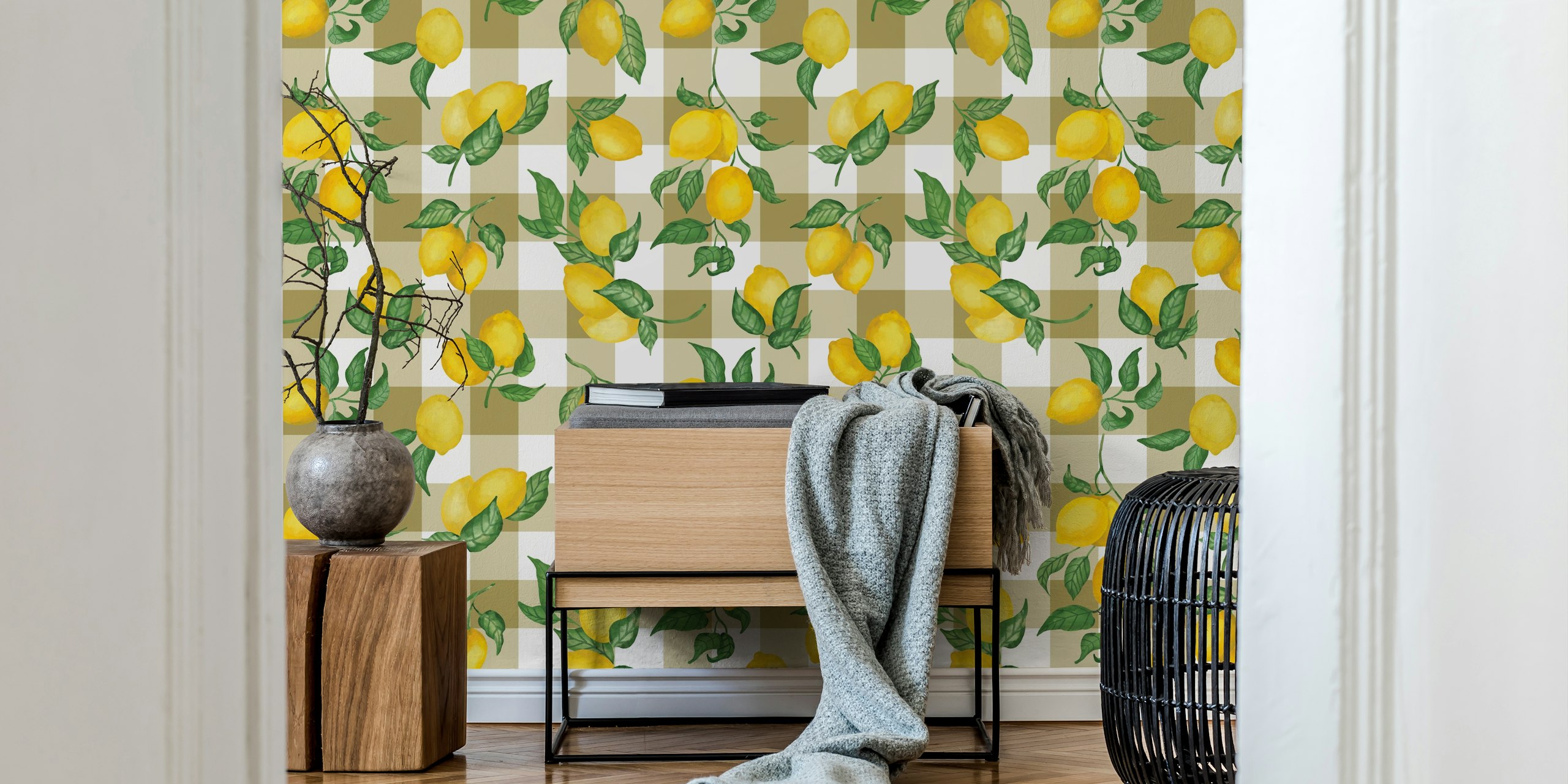Lemon branches with green leaves on a bronze gingham background wallpaper