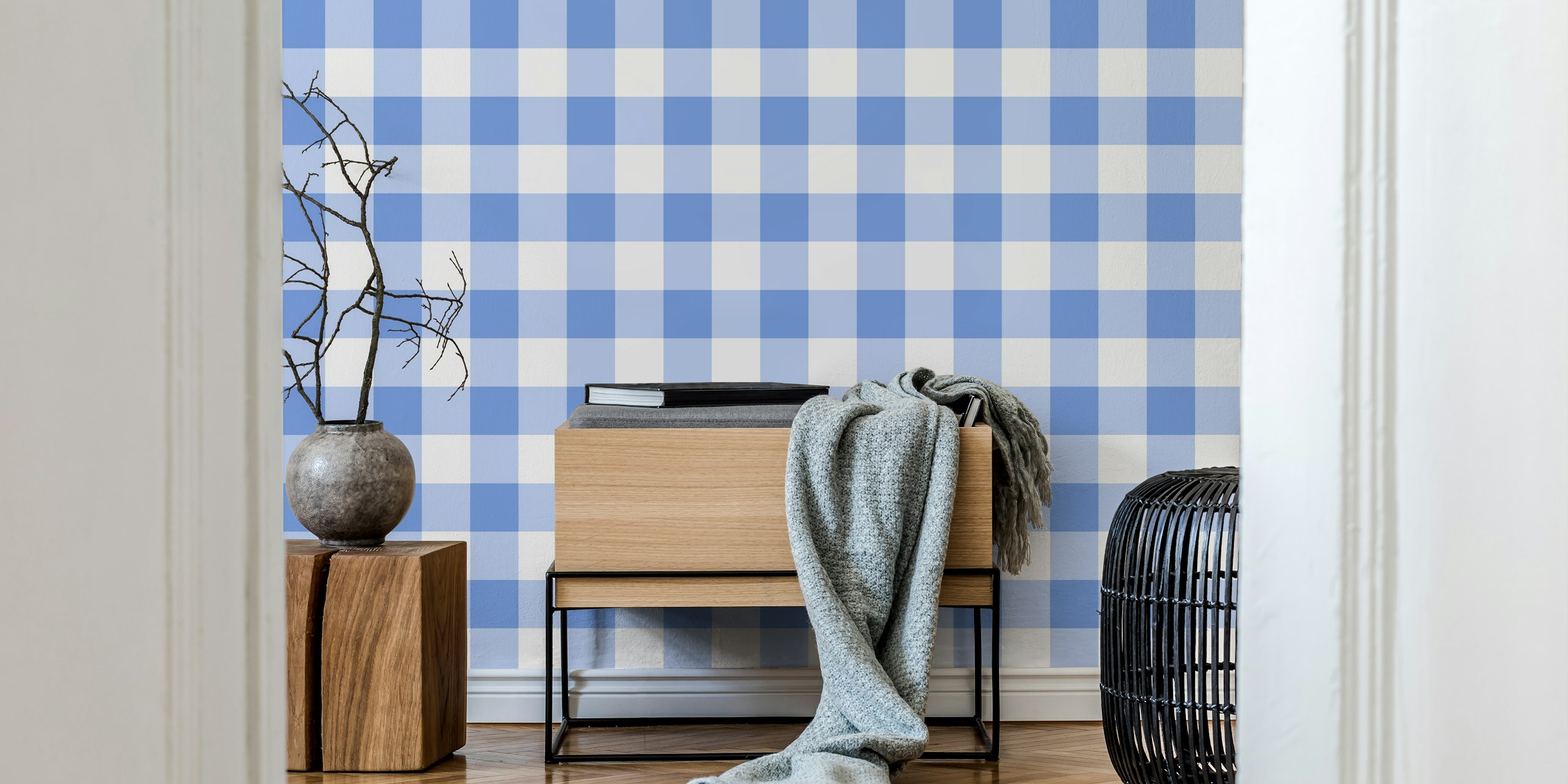Gingham 8 Dark Pastel Blue wallpaper in a room