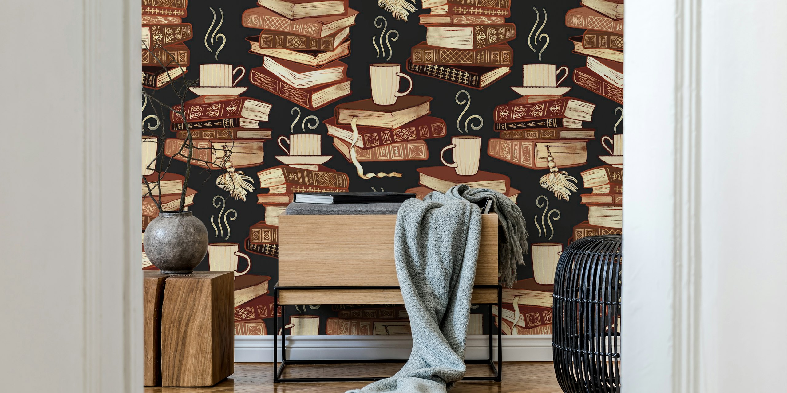 Design della carta da parati Bibliophile's Hygge in una stanza