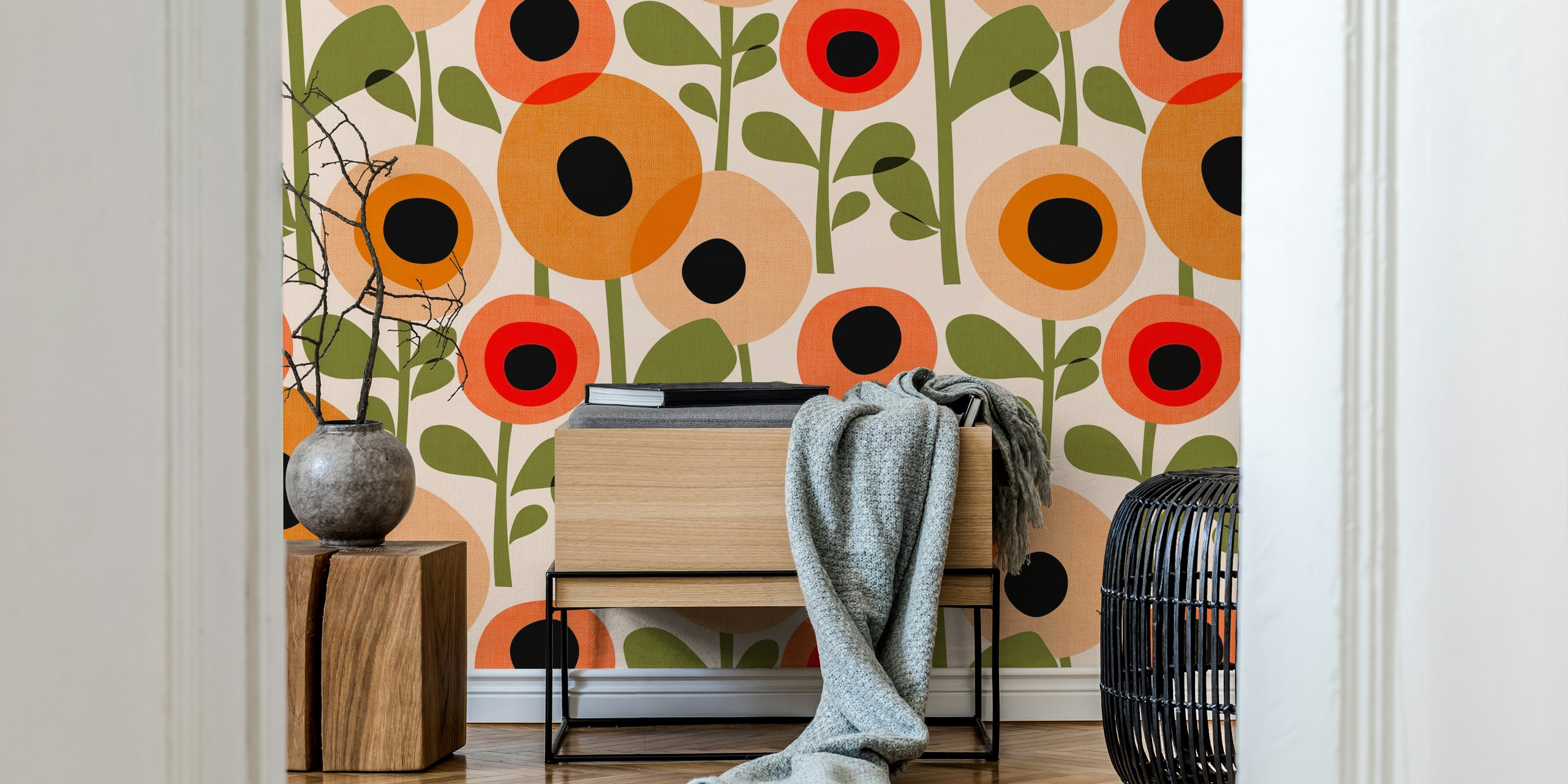 Mid Century Poppy Abstract wallpaper in a room