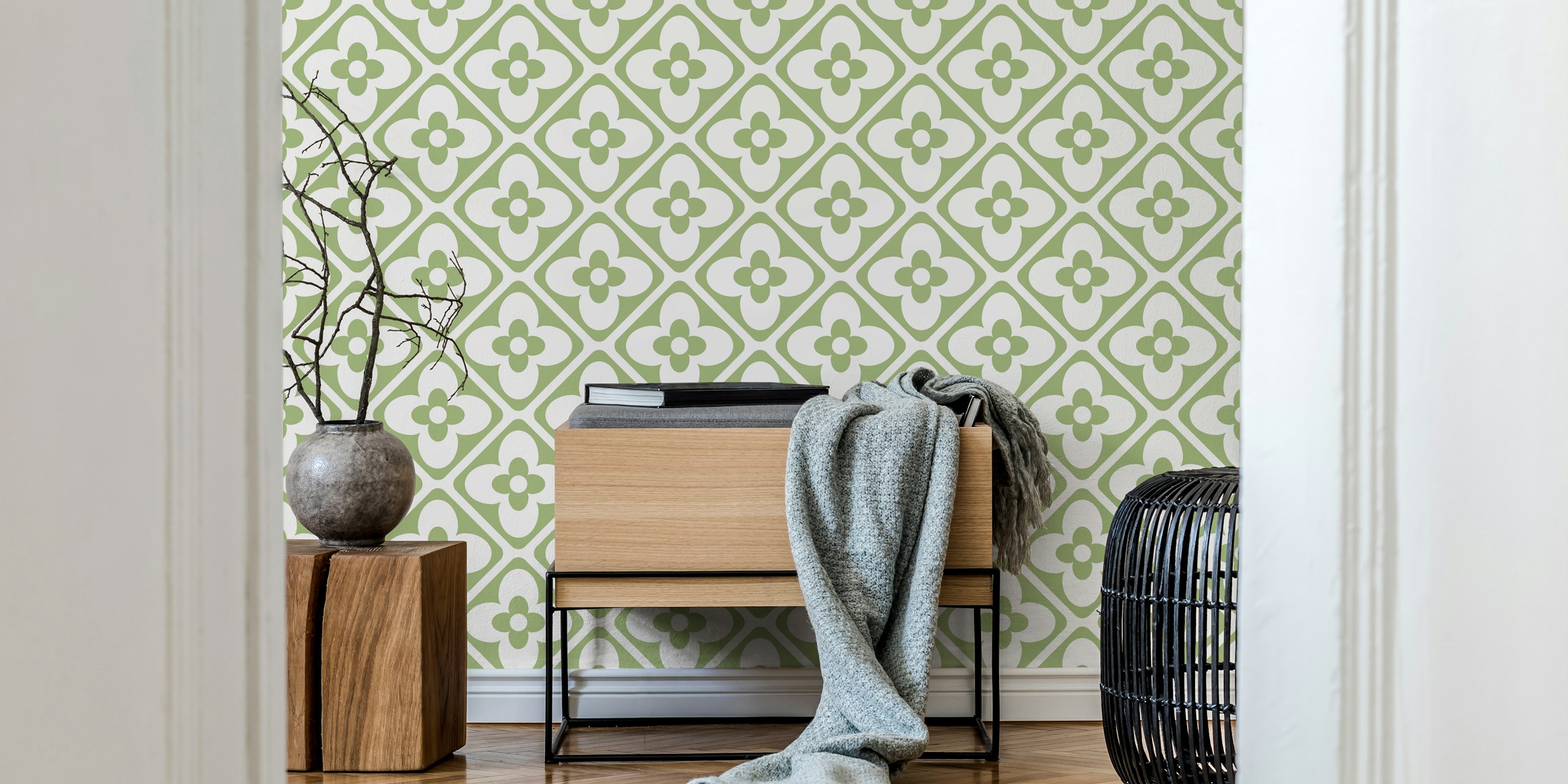 Sage Green Floral Motif Geo Tiles tapet