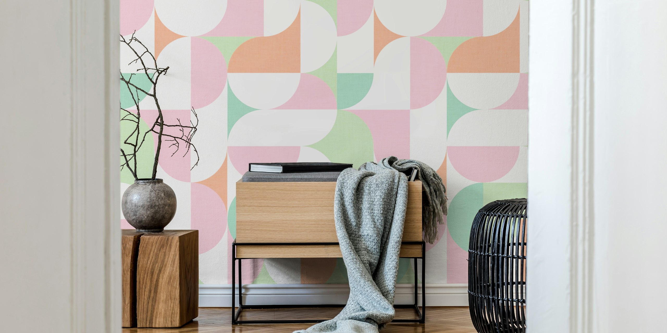 Geometric shapes in pastel colors of pink, mint, and white wallpaper
