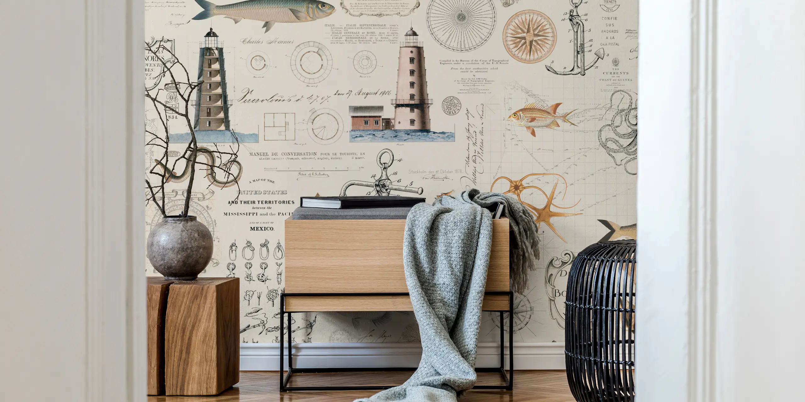 Nautical Marine Wallpaper with Fish and Lighthouses