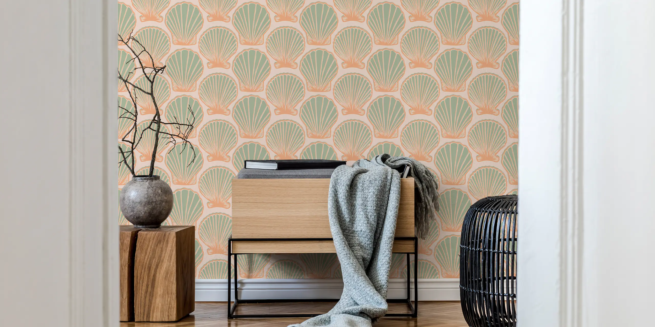 Green and Peach Scallop Shells Wallpaper