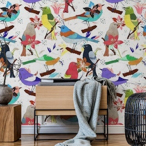 Maximalistic pattern of colorful birds