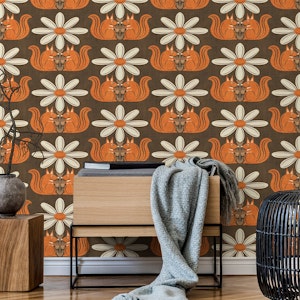 Retro Daisy Floral Squirrels Brown Orange