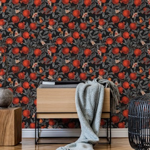 Pomegranates and Bella Moths in red and gray