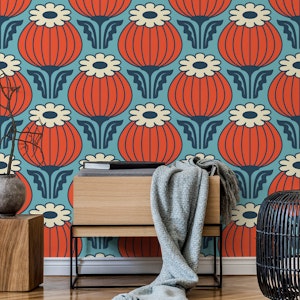 Bold Vintage Poppies Red Blue - L