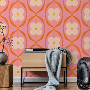 Bright Bold Orange Pink Retro Floral Geo