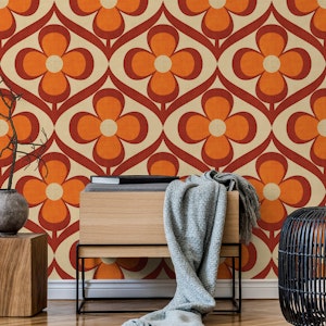 Bold Retro Large Flowers Burnt Orange Beige