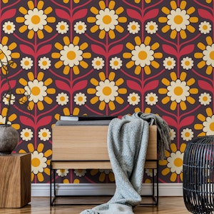 Retro Botanical Serenity in Red Yellow - S