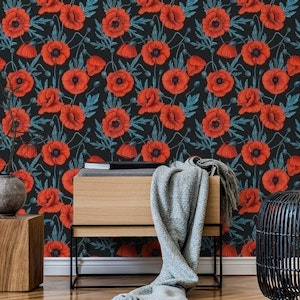 Poppies, red and blue on black