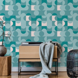 Geometric Retro Shapes Pattern Teal Beige
