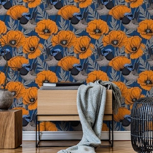 Fairy wrens and orange poppies on deep blue
