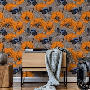 Fairy wrens and orange poppies on mocha brown