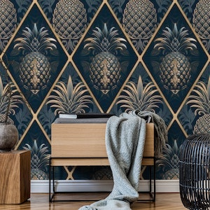 Exquisite Art Deco Design With Pineapple Ornamnt Blue Gold