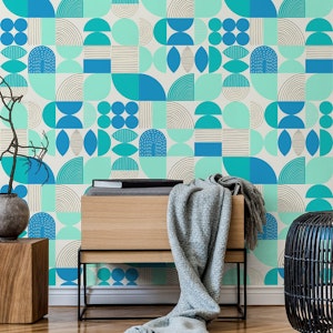 Mod Geometric Shapes & Lines - Aqua Teal Blue