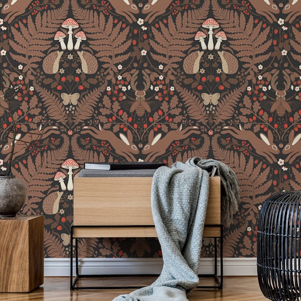 Woodland animals and plants in red and brown