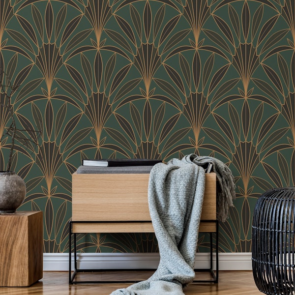 Art Deco palm leaves fan forest green