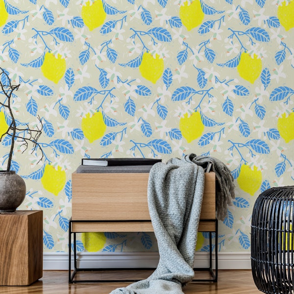 Lemon tree blossoms Block print blue