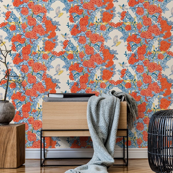 Rose Trellis and Birds on Cream