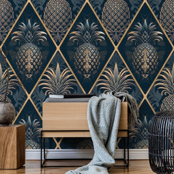 Exquisite Art Deco Design With Pineapple Ornamnt Blue Gold