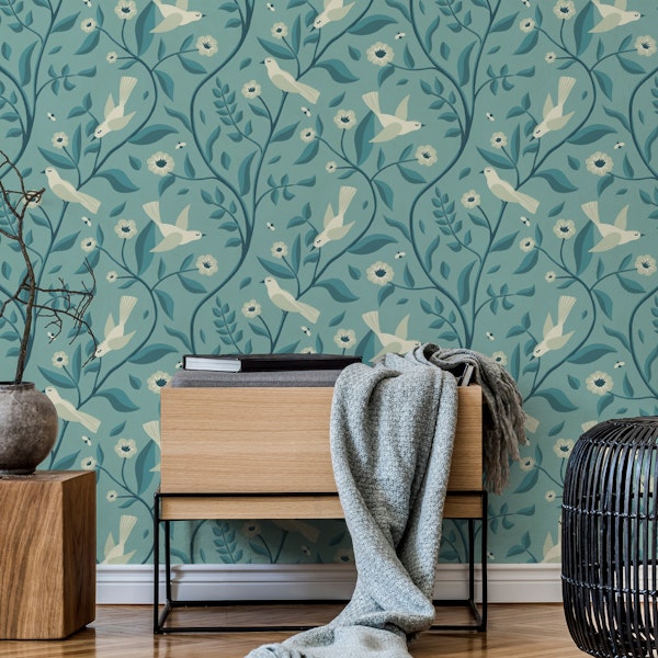 Birds in the Forest in Teal Blue Green
