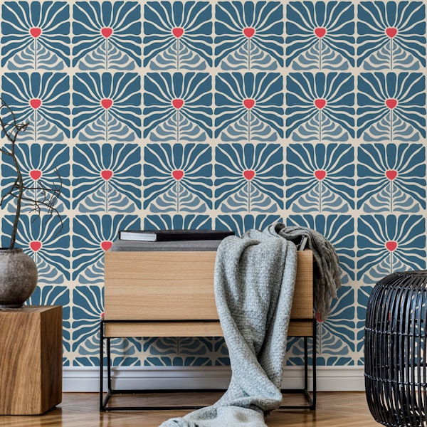 Vintage Flowers Blue Red
