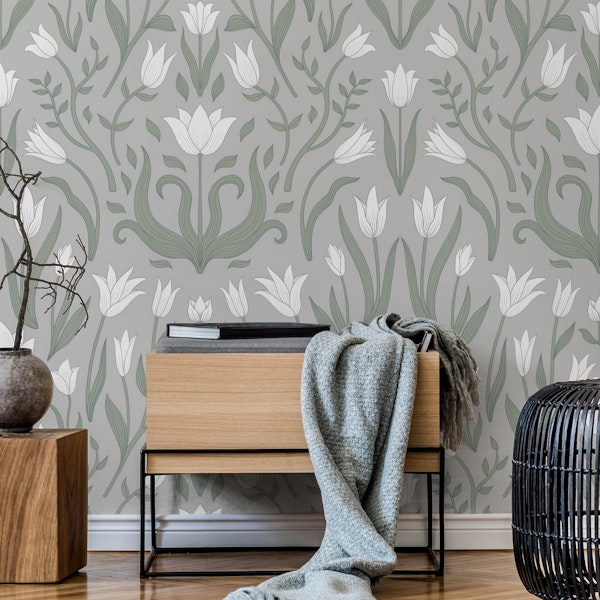 Tulip Botanical Symmetry - silver on grey