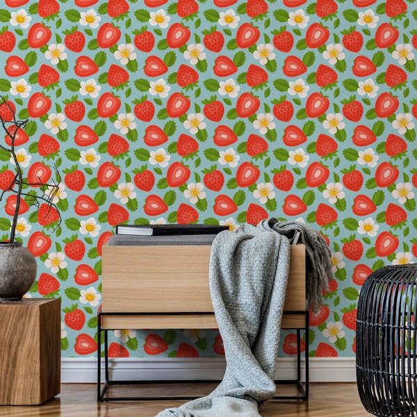 Fresh Strawberry Pattern on Sky Blue