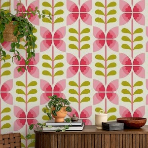 Retro butterfly flowers, pink green / 2856A