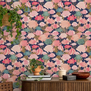 Happy fishes in the coral reef navy blue red