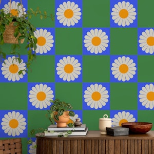 Retro Flower Checkerboard in Blue and Green