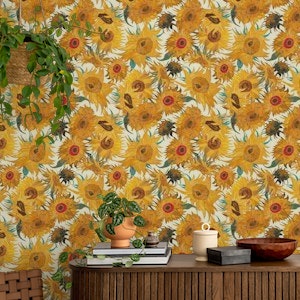 Van Gogh Sunflowers Pattern in cream, yellow, aqua and brown