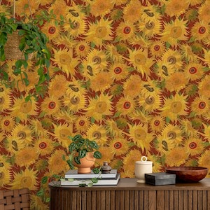 Van Gogh Sunflowers Pattern in yellow, green and burgundy red